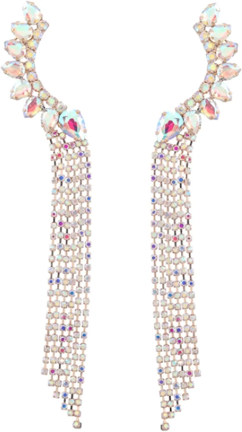 Women's Crystal Rhinestone Leaf Tassels Climbers Crawler Earrings Funny Gold Silver Ear Cuff Wrap Clip Stud Earring with Top Ear Clip Fashion Jewelry for Women