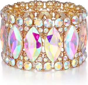 Womens Elegant Wedding Bridal Crystal Double Row Marquise-Shape Leaf Stretch Bangle Bracelet Bride Jewelry for Women