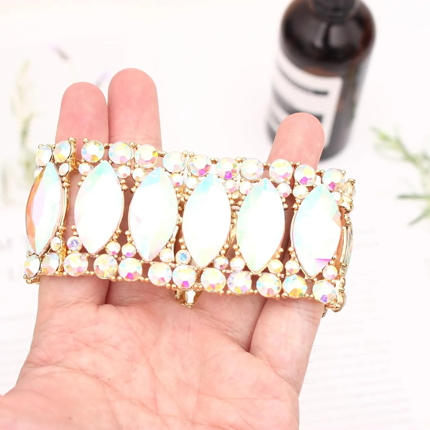 Womens Elegant Wedding Bridal Crystal Double Row Marquise-Shape Leaf Stretch Bangle Bracelet Bride Jewelry for Women