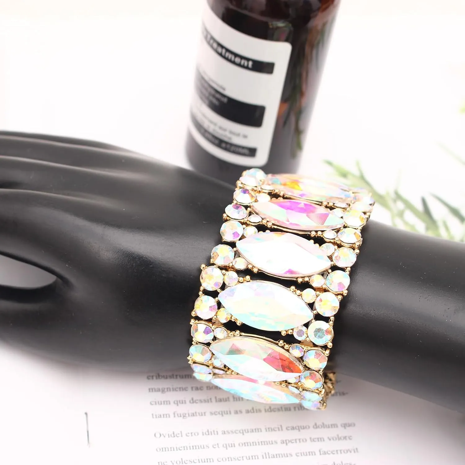 Womens Elegant Wedding Bridal Crystal Double Row Marquise-Shape Leaf Stretch Bangle Bracelet Bride Jewelry for Women