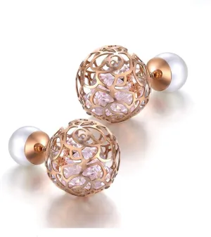 Womens Pearl Crystal Hollow Balls Double Sided Front Back Ball Stud Earrings