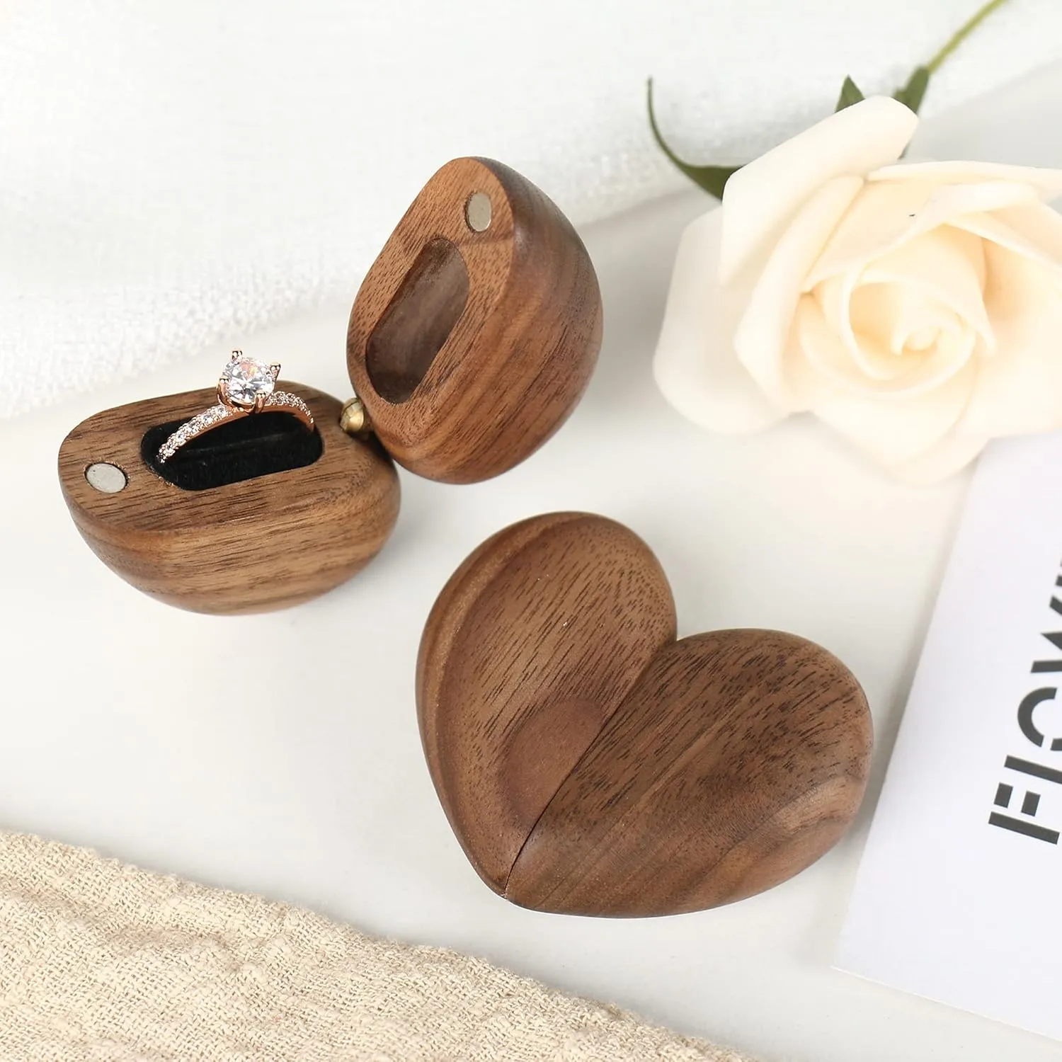 Wooden Heart Shaped Ring Box for Wedding, Proposal, Engagement - Wood Case Holder Gift (True Love Eternal Black Walnut)
