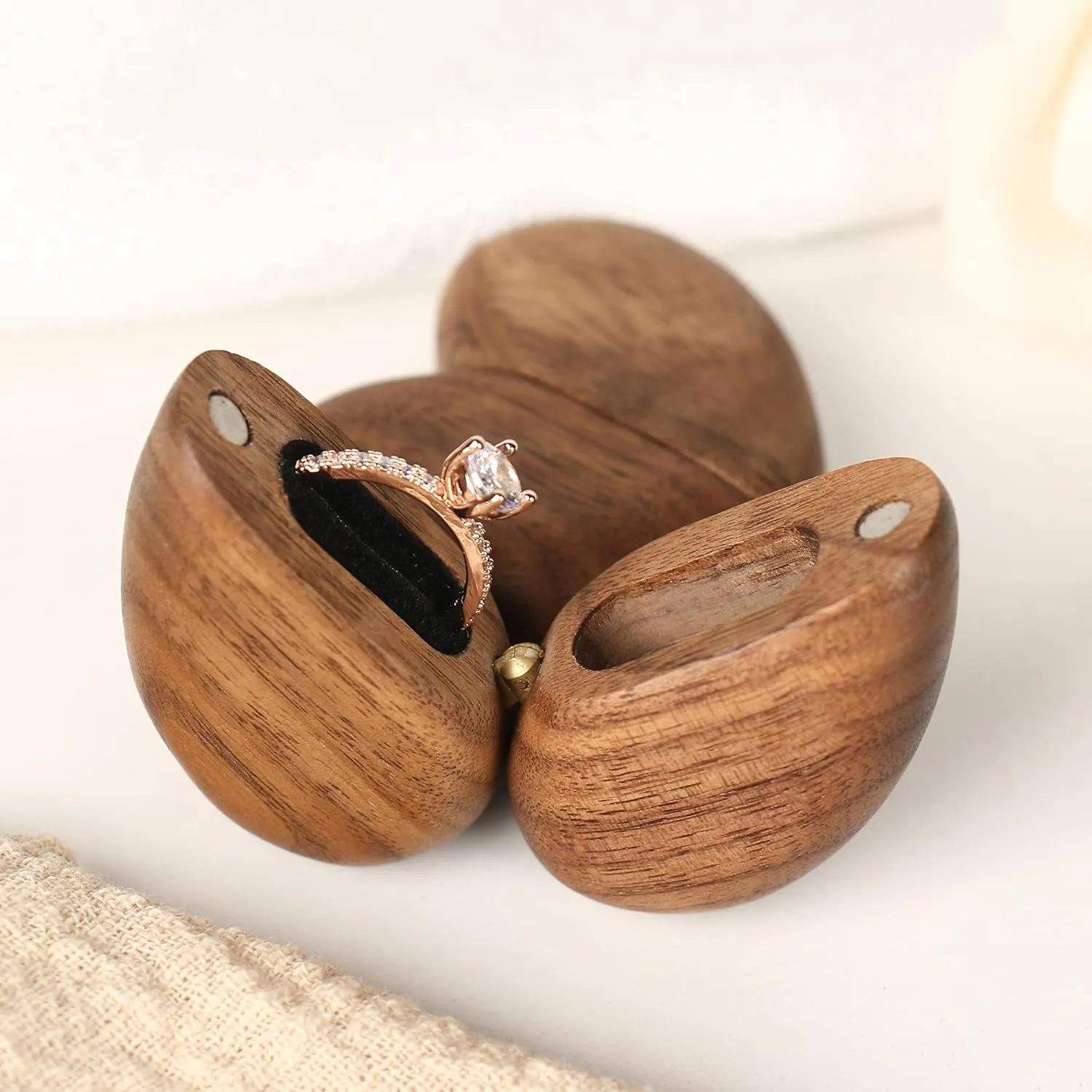 Wooden Heart Shaped Ring Box for Wedding, Proposal, Engagement - Wood Case Holder Gift (True Love Eternal Black Walnut)
