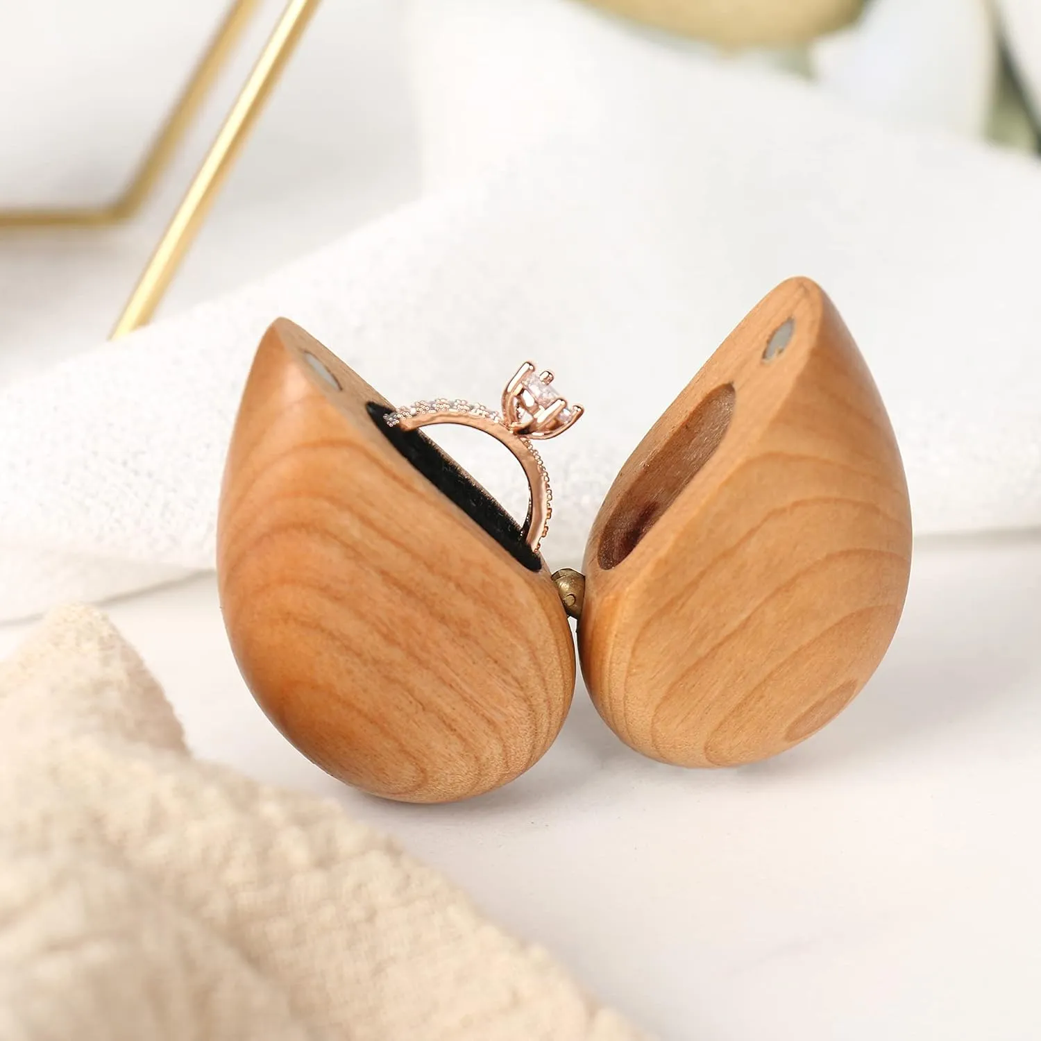 Wooden Heart-Shaped Ring Box for Wedding, Proposal, Engagement - Wood Case Holder Gift (True Love Eternal Cherry)