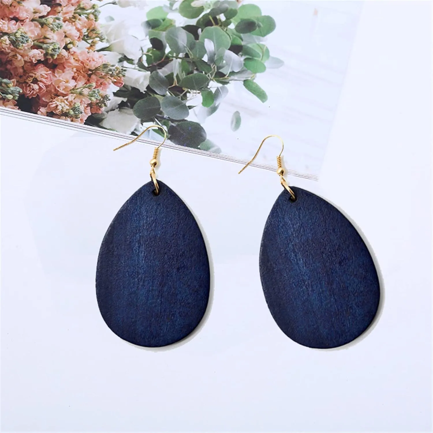 Wooden Hoop Earrings for Women Retro Black African Bohemian Wood Teardrop Geometric Lightweight Dangle Drop Earrings