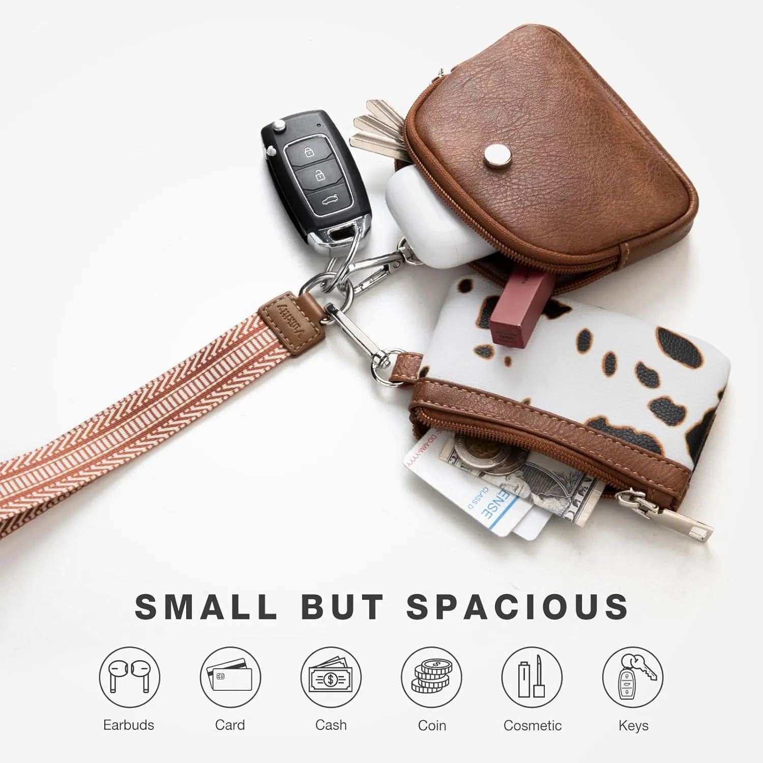Wristlet Keychain Wallet for Women - Zip Around Dual Pouch, Small Portable Key Chain Wallet with Zipper Card Holder Coin Purse Mini Coin Pocket, 2 Wristlet Straps