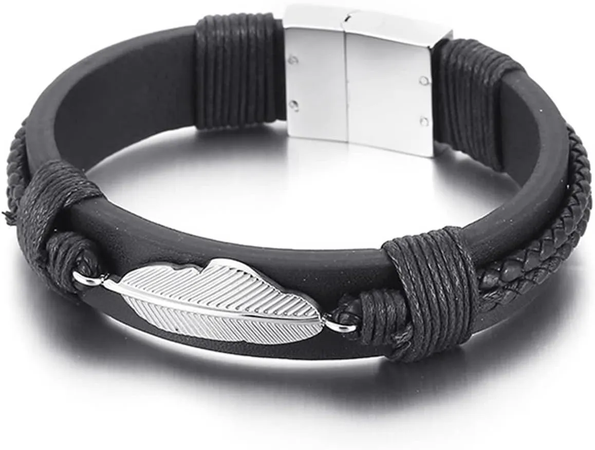 Wycian Woven Friendship Bracelets for Women Black Rope Friendship Bracelet Stainless-Steel Leather Leaf 21X1.5cm for Valentines Day Jewerly Gifts Premium
