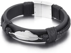 Wycian Woven Friendship Bracelets for Women Black Rope Friendship Bracelet Stainless-Steel Leather Leaf 21X1.5cm for Valentines Day Jewerly Gifts Premium