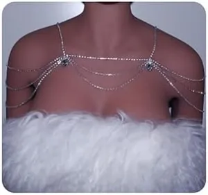 Xerling Layered Rhinestones Tassel Shoulder Chains Bra Body Chain Arm Chain Shoulder Harness Body Jewelry for Women Wedding Summer Bikini (Gold)