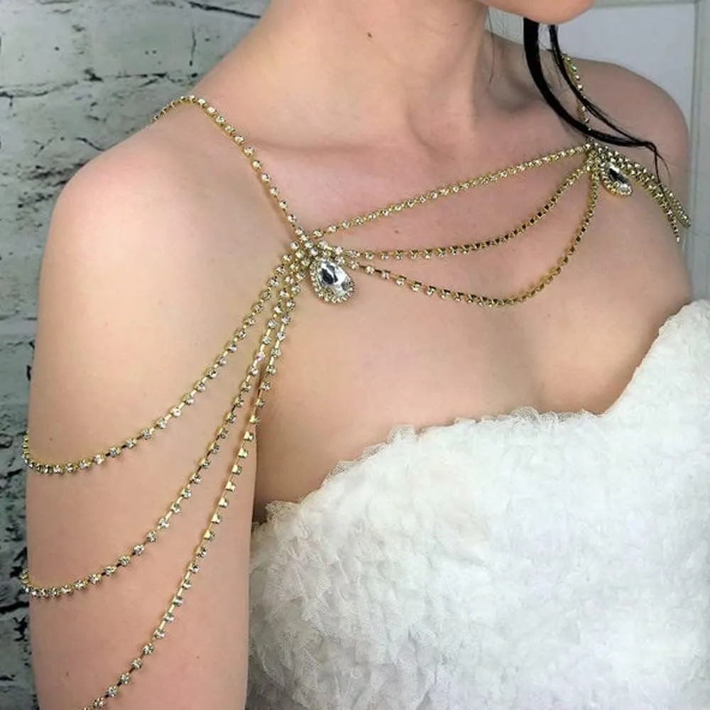 Xerling Layered Rhinestones Tassel Shoulder Chains Bra Body Chain Arm Chain Shoulder Harness Body Jewelry for Women Wedding Summer Bikini (Gold)