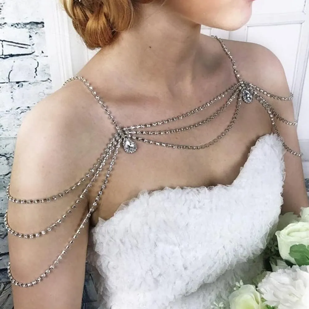 Xerling Layered Rhinestones Tassel Shoulder Chains Bra Body Chain Arm Chain Shoulder Harness Body Jewelry for Women Wedding Summer Bikini (Silver)