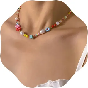Xerling Multi-colored Seed Beads Flower Faux Pearl Necklace Bohemian Colorful Beaded Chain Choker for Women Summer Beach Party Necklace