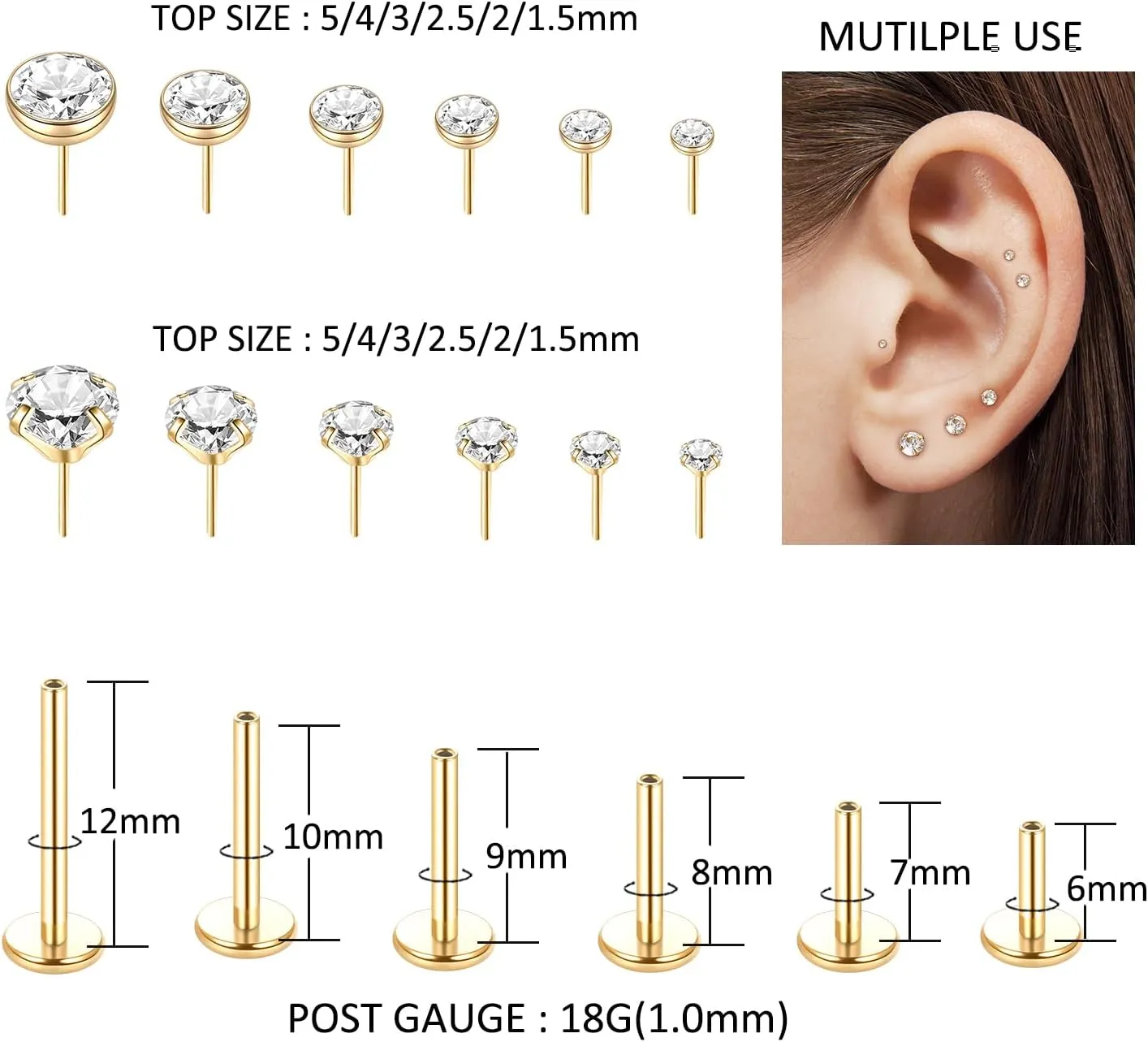 Xpircn 20G 18G 16G Threadless Push in Labret Lip Monroe Ring Nose Medusa Tragus Helix Cartilage Earrings Stud Piercing Jewelry for Women Men
