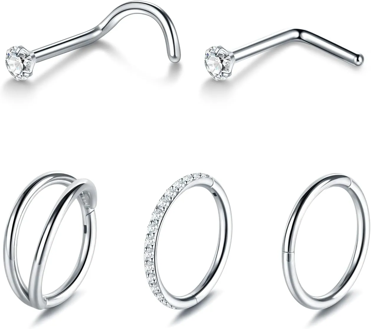 Xpircn 5pcs Hoop Nose Rings and L Shaped Nose Rings Stud Set 18G/20G Stainless Steel CZ Helix Conch Daith Tragus Cartilage Hoop Earrings for Women 6mm 7mm 8mm 10mm