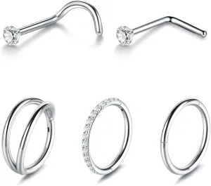 Xpircn 5pcs Hoop Nose Rings and L Shaped Nose Rings Stud Set 18G/20G Stainless Steel CZ Helix Conch Daith Tragus Cartilage Hoop Earrings for Women 6mm 7mm 8mm 10mm