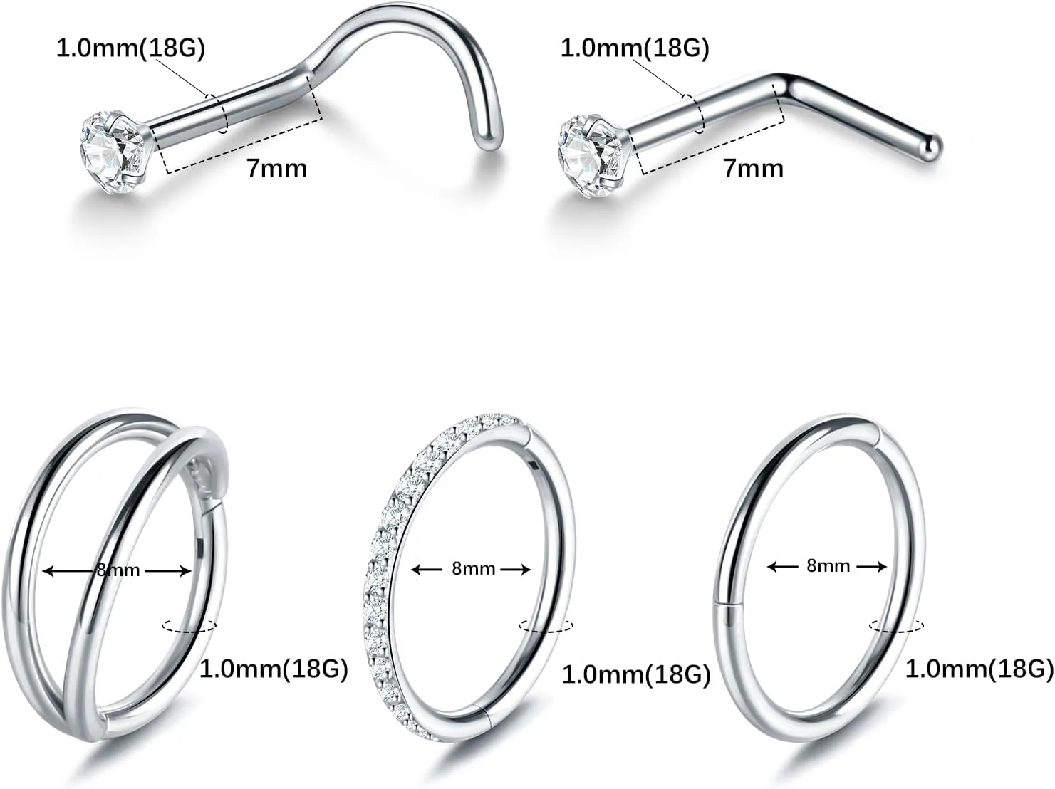 Xpircn 5pcs Hoop Nose Rings and L Shaped Nose Rings Stud Set 18G/20G Stainless Steel CZ Helix Conch Daith Tragus Cartilage Hoop Earrings for Women 6mm 7mm 8mm 10mm