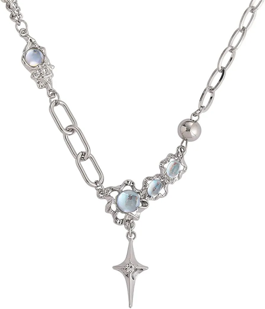 Y2k Moonstone Necklace Y2k Coquette Aesthetic Star Heart Cross Necklace Jewelry for Women Valentine's Day