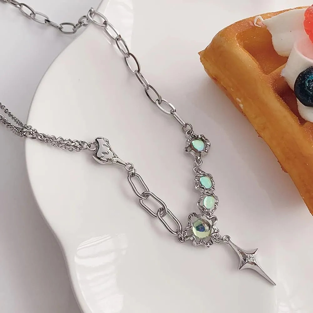 Y2k Moonstone Necklace Y2k Coquette Aesthetic Star Heart Cross Necklace Jewelry for Women Valentine's Day