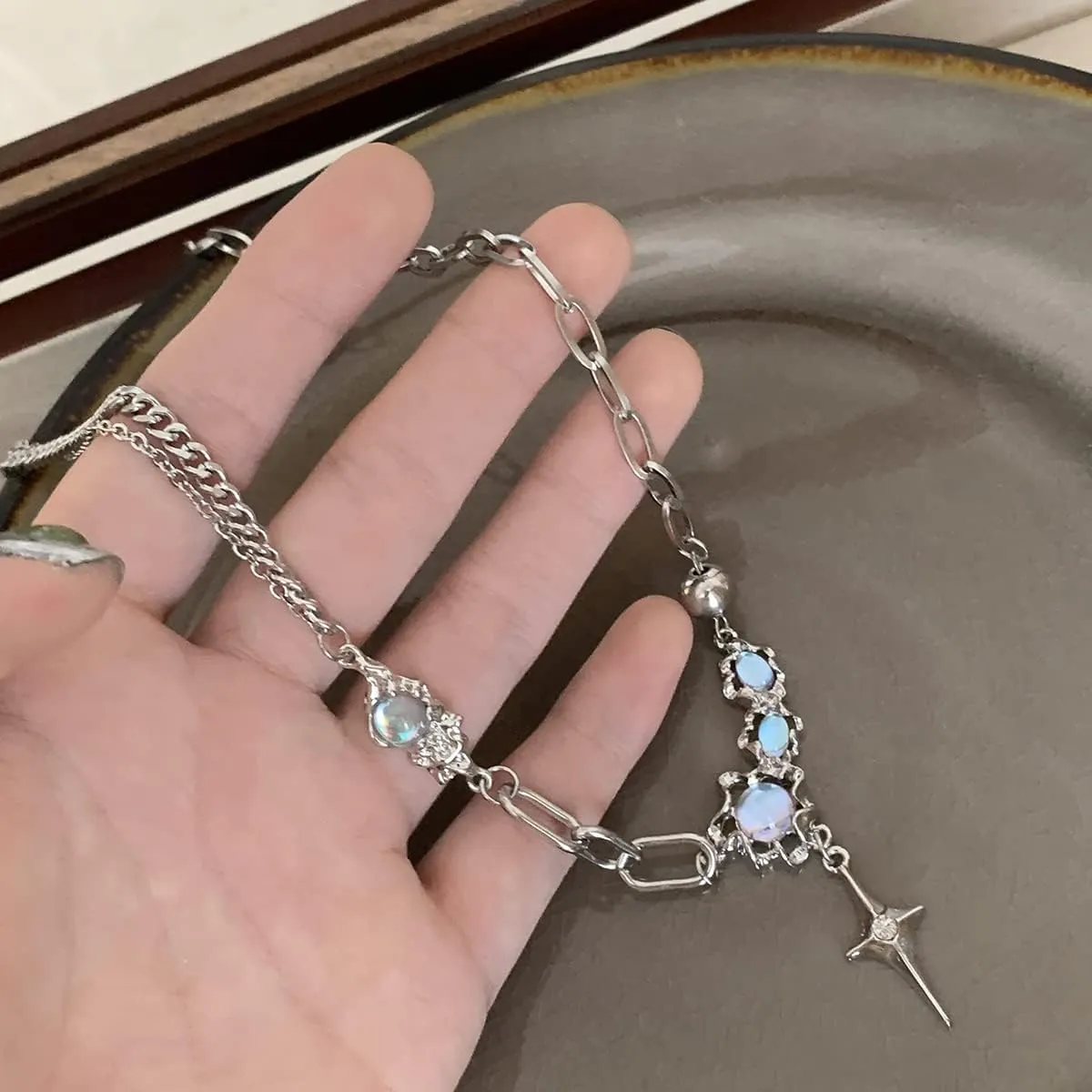 Y2k Moonstone Necklace Y2k Coquette Aesthetic Star Heart Cross Necklace Jewelry for Women Valentine's Day