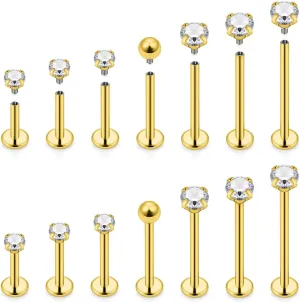 Yaalozei 16G Gold Lip Labret Monroe Medusa Ashley Rings Studs Piercing Jewelry women Surgical Stainless Steel Extra Long Cheek Dimple Tongue Ring Tragus Helix Cartilage Earrings Piercing Jewelry Men