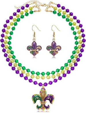 YAHPERN Mardi Gras Beads Necklace Earrings for Women, Beaded Choker Collar Necklace Fleur De Lis Jester Hat Pendant Necklaces Mask Hoop Dangle Earrings Mardi Gras Accessory Costume Party Favors