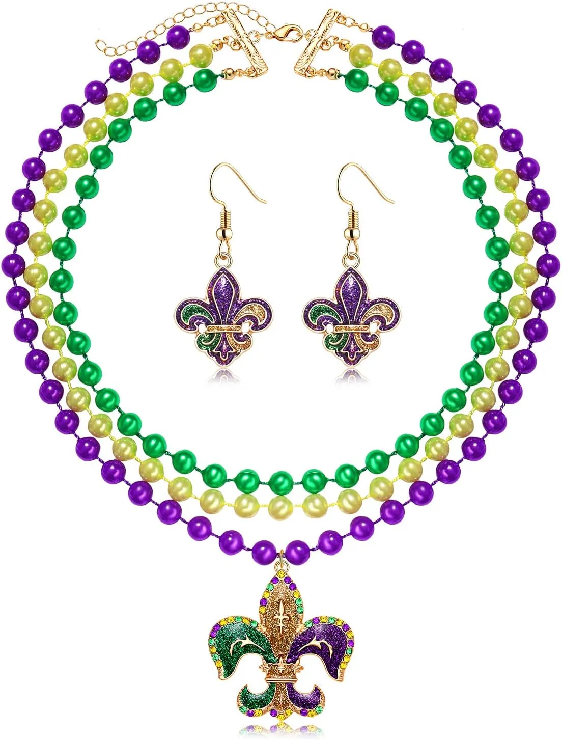 YAHPERN Mardi Gras Beads Necklace Earrings for Women, Beaded Choker Collar Necklace Fleur De Lis Jester Hat Pendant Necklaces Mask Hoop Dangle Earrings Mardi Gras Accessory Costume Party Favors