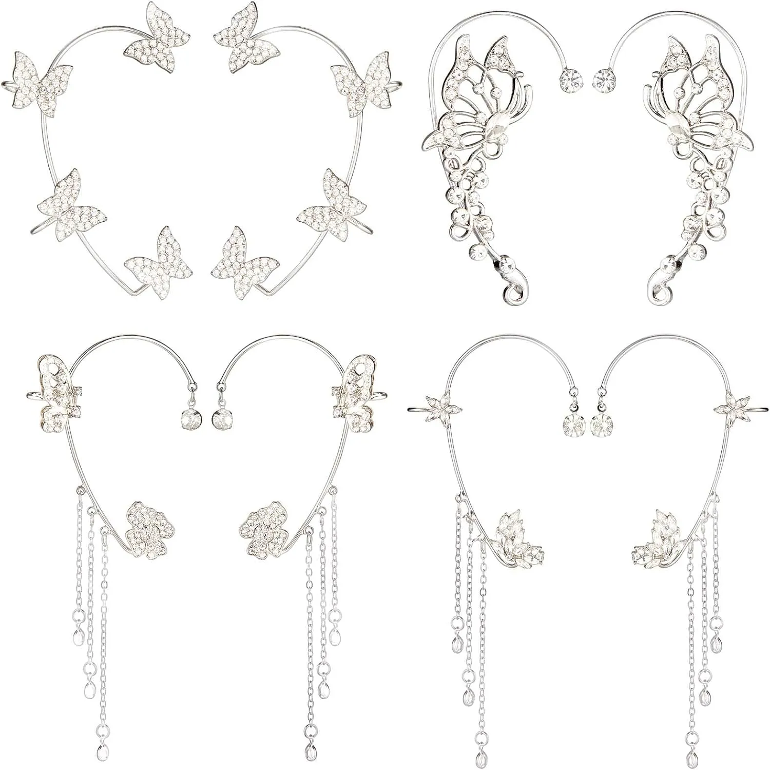 Yaomiao 4 Pairs Butterfly Ear Cuffs Earrings Glitter Rhinestone Butterfly Earrings No Piercing Ear Clip Wrap Around Dangler for Women Show, Wedding, Party, Christmas Accessories