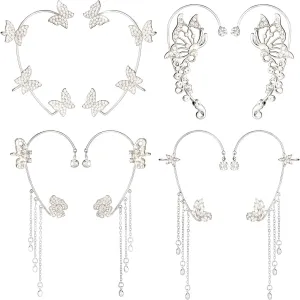 Yaomiao 4 Pairs Butterfly Ear Cuffs Earrings Glitter Rhinestone Butterfly Earrings No Piercing Ear Clip Wrap Around Dangler for Women Show, Wedding, Party, Christmas Accessories