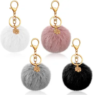 Yaomiao 4 Pcs 3 Inch Pom Pom Keychains Faux Fur Pompom Ball Keychains Fuzzy Keychain Accessories for Women with Snowflake