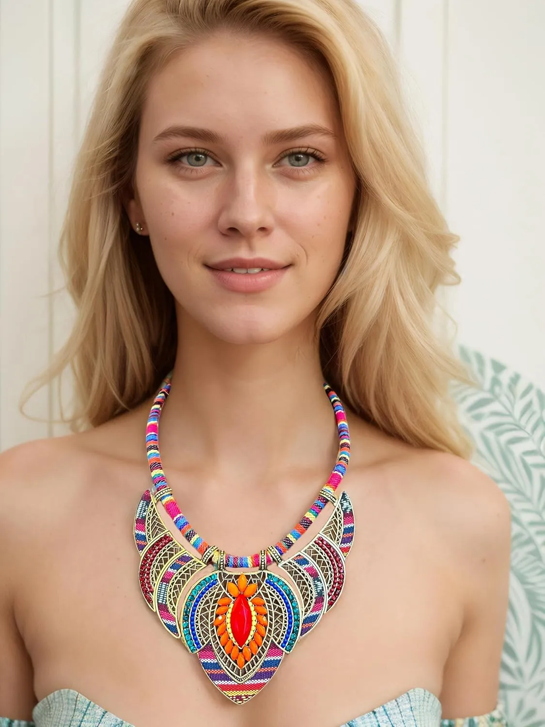 YAZILIND Ethnic Style Chunky Colorful Collar Festival Tribal Beaded Bib Choker Costume Necklace