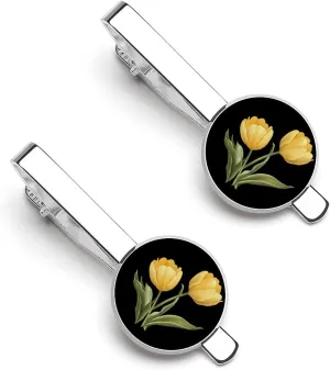 Yellow Tulips 1 Pair Tie Clips Necktie Bar Pinch Clip for Wedding Business