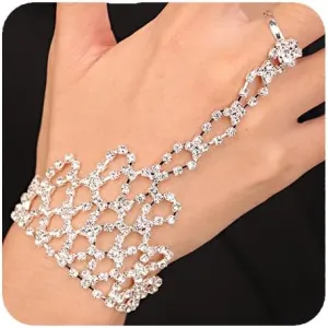 YERTTER Dainty Rhinestone Crystal Hand Chain Slave Harnss Bracelet Finger Chain Bangle Bracelet Silver Gold Hand Chain Ring Link Bracelet for Wedding Brides(Style 9)
