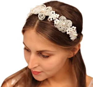 YERTTER Vintage Wedding Pearl Beads Crystal Tiara Hair Crown Handmade Bride Headband Bridal Greek Goddess Pearl Head Pieces for Wedding Prom Birthday Party