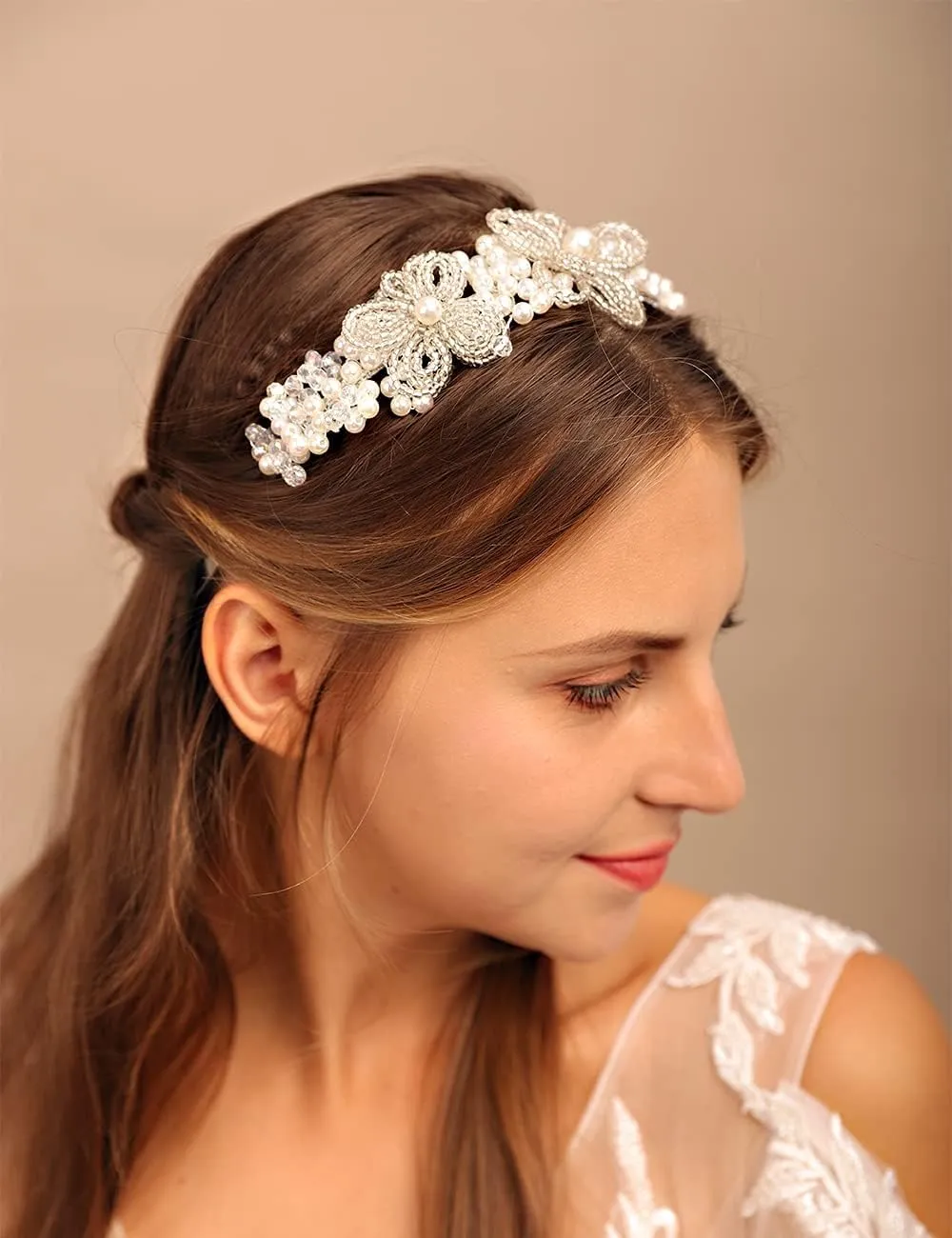 YERTTER Vintage Wedding Pearl Beads Crystal Tiara Hair Crown Handmade Bride Headband Bridal Greek Goddess Pearl Head Pieces for Wedding Prom Birthday Party