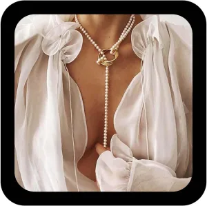 YienDoo Boho Long Pearl Y Necklace Chain Gold Long Pearl Bead Chain Necklace Open Circle Coin Pearl Pendant Necklace Vintage Baroque Pearl Lasso Chain Statement Necklace Jewelry for Women