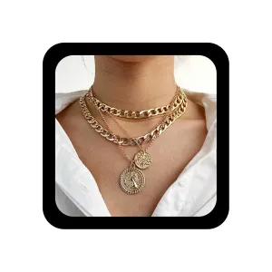 YienDoo Boho Multilayer Coin Necklace Vintage Gold Chunky Link Cuban Chain Choker Disc Coin Pendant Necklace Rock Statement Layered Coin Necklace Charm Jewelry for Women