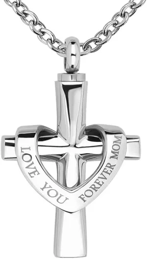 YSAHan Cross Memorial Cremation Urn Necklace for Human Ashes Stainless Steel Waterproof Keepsake Jewelry Engraved LOVE YOU FOREVER MOM