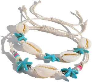 Zian 2Pcs Bohemian Bracelet Sea Turtle Bracelet Sea Star Bracelet Hand-Woven Shell Bracelet Beach Bracelet Summer Beach Bracelet