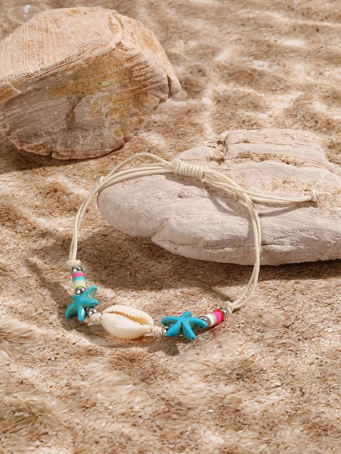 Zian 2Pcs Bohemian Bracelet Sea Turtle Bracelet Sea Star Bracelet Hand-Woven Shell Bracelet Beach Bracelet Summer Beach Bracelet
