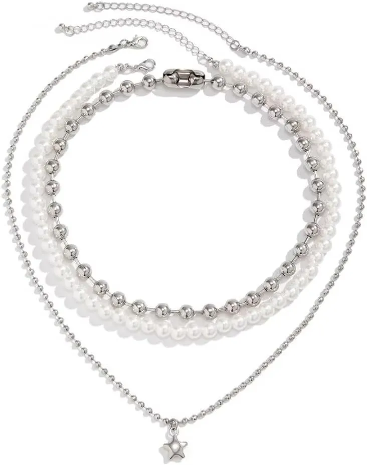 Zian Multi-Layer Beaded Stack Necklace Star Necklace Imitation Pearl Necklace Punk Necklace Y2k Necklace Aesthetic Necklace