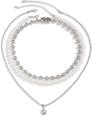 Zian Multi-Layer Beaded Stack Necklace Star Necklace Imitation Pearl Necklace Punk Necklace Y2k Necklace Aesthetic Necklace
