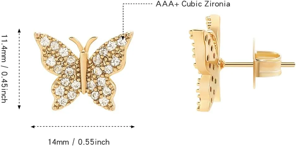 Zircon Butterfly Stud Earrings - 14K Gold Plated CZ Pave Butterfly Earrings for WomenGood Gift for Sister,Lover