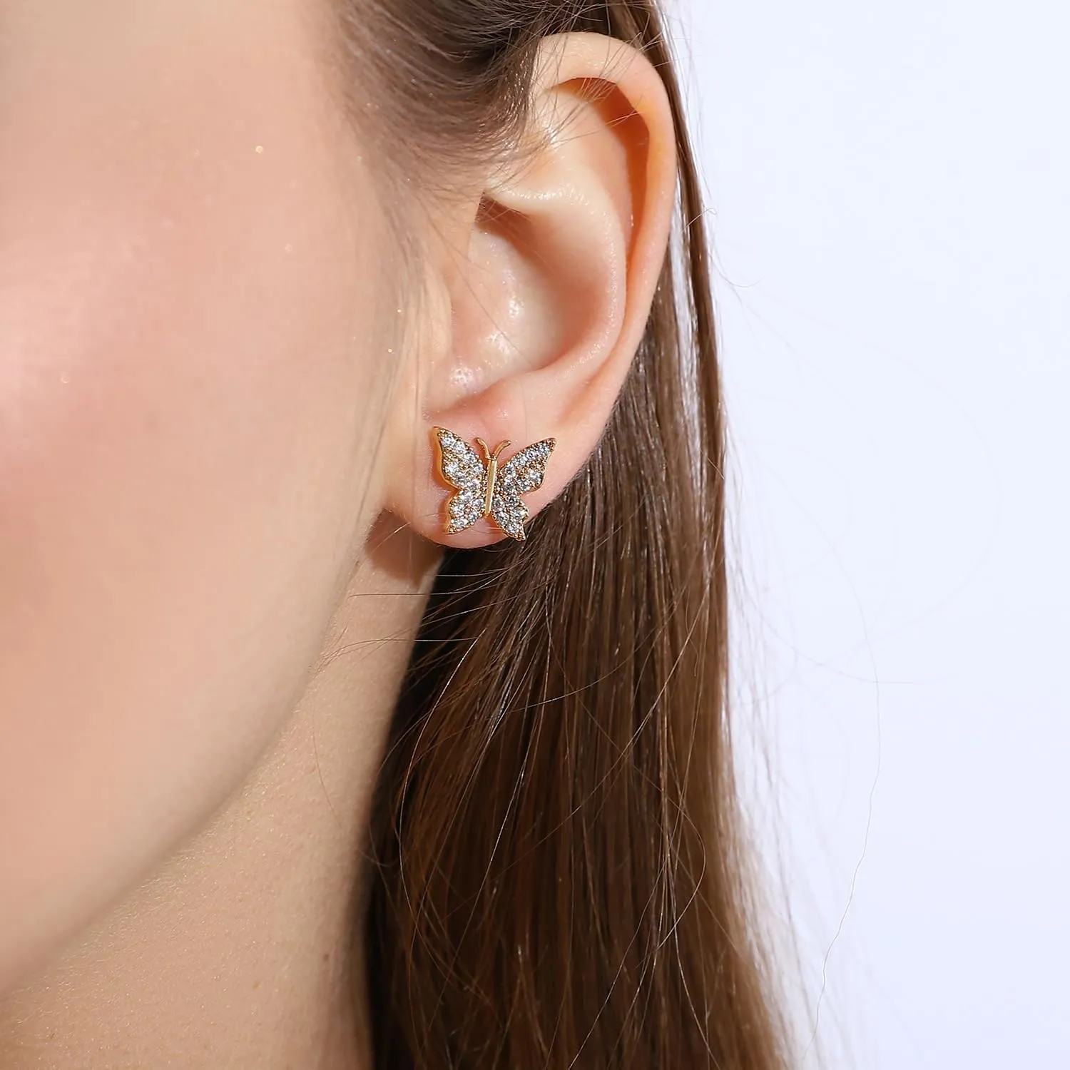 Zircon Butterfly Stud Earrings - 14K Gold Plated CZ Pave Butterfly Earrings for WomenGood Gift for Sister,Lover