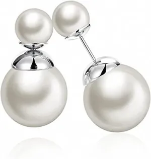 Zittop Double Sided Front Back Peek A Boo Ball Faux Pearl Beads Womens Fashion Elegant Tribal Stud Earrings (Silver)