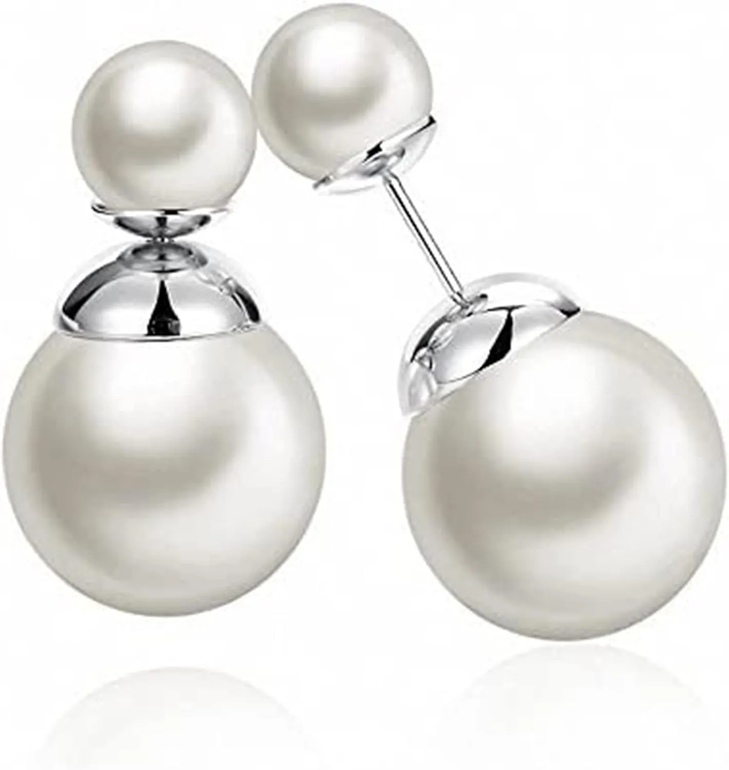 Zittop Double Sided Front Back Peek A Boo Ball Faux Pearl Beads Womens Fashion Elegant Tribal Stud Earrings (Silver)