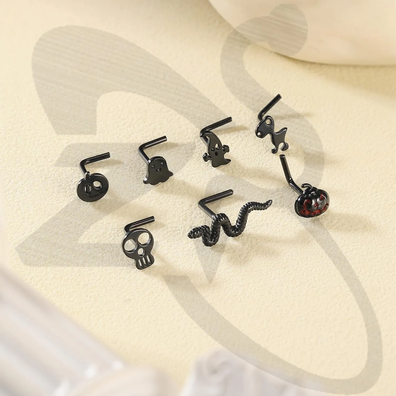 ZS 20G Black Nose Rings Nostril Studs for Women, Surgical Steel Nose Studs Ring L-Shaped, 20Pcs Halloween Bat Skull Corkscrew Nose Piercing Jewelry